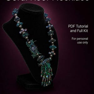 May include: A beaded "Coral Reef Necklace" displayed on a black bust. The necklace features a mix of teal, green, and silver beads, with a cascading fringe. The image includes text: "PDF Tutorial and Full Kit" and "For personal use only".