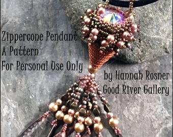 Zipper Cone Steampunk Necklace - peyote stitch Seed Beads, crystals and Glass Bead Fringe intermediate Tutorial - by Hannah Rosner Designs