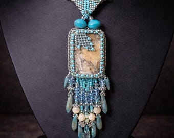 Beaded Pendant Necklace - Natural Stone Cabochon | TOHO Seed Bead Embroidery | Czech Glass & Mother of Pearl Fringe by Hannah Rosner
