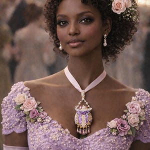 May include: A woman in a lavender gown with floral embellishments and a pearl necklace. The dress features a V-neckline and is adorned with small pearls. Her hair is styled with flowers and a feather. She wears pearl earrings.