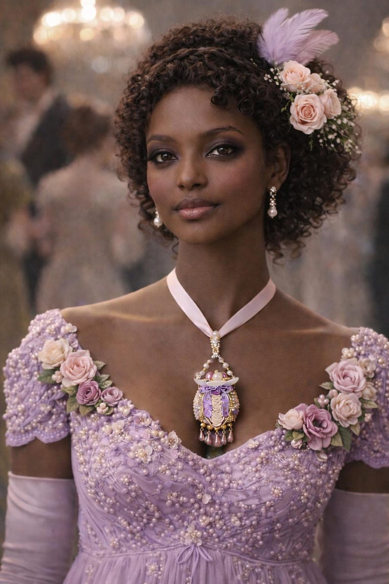 May include: A woman in a lavender gown with floral embellishments and a pearl necklace. The dress features a V-neckline and is adorned with small pearls. Her hair is styled with flowers and a feather. She wears pearl earrings.