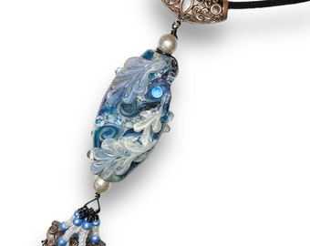 Jack Frost - Lampwork Glass Blue Sparkles Dichroic Glass Focal Bead Pendant with beaded fringe by Hannah Rosner Designs - Good River Gallery