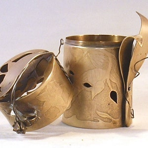 Hannah Rosner Lidded Brass and Sterling Box OOAK Leaf and Bird Motif Etched Metal Vessel with lid image 6