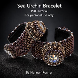 May include: Two beaded bracelets with a sea urchin design. The bracelets are primarily brown with gold and purple accents. The text "Sea Urchin Bracelet PDF Tutorial" is at the top of the image, with "For personal use only" below it. The designer's name, "By Hannah Rosner", is at the bottom.
