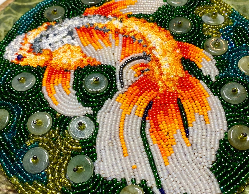 Koi, carp or goldfish Embroidery & Seed Bead Painting wall hanging Hannah Rosner Designs image 5