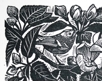 Bird in Apple Blossoms Lino Cut - Original Linoleum Print - Goldcrest Bird Print - Botanical Print - Bird Linocut - Bird Wall art