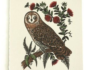 Owl Linocut. Pueo Owl Print. Pueo Owl Decor. Owl Art. Owl Gift