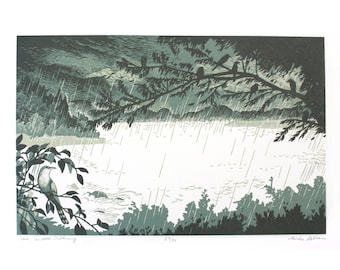 Picture Book Illustration, Landscape Print, Storm Clouds illustration, Picture book art, Japanese Woodcut, Linocut