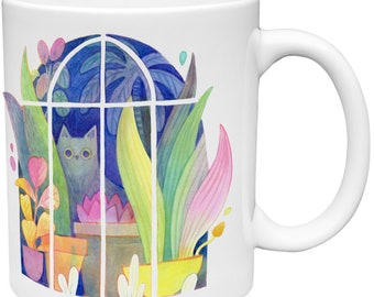 Cat With Plants Mug - Cat Lady Mug, Houseplants, Blue Cat Cup