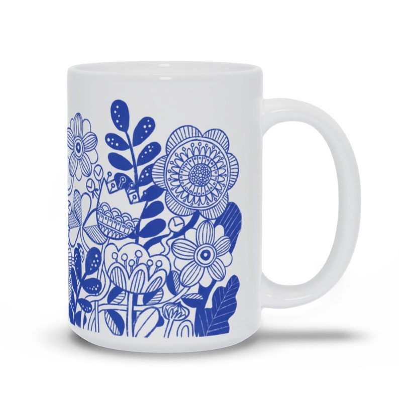 Blue Flower Mug, Nordic Design Mug, Retro Flowers Cup image 2