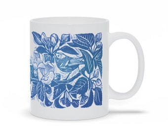 Blue Apple Blossom Mugs - Botanical Cup - Bird Mug - Bird Linocut Mug