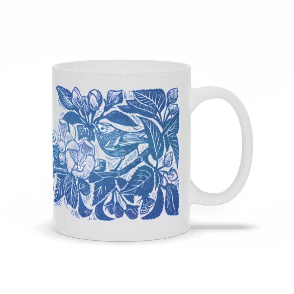 Tasses Bleues de Fleur Pomme - Tasse Botanique d'oiseau Linocut d'oiseau