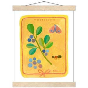 Bilberry and Moth Gouache Painting Print & Hanger 27x35 cm / 11x14″