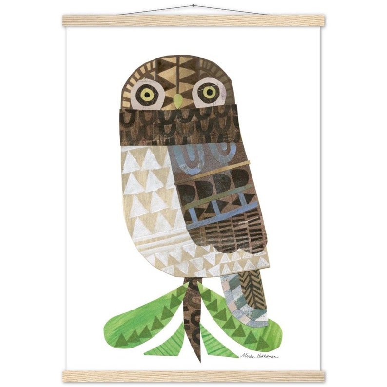 Owl Collage Print with Wood Hanger 50x70 cm / 20x28″
