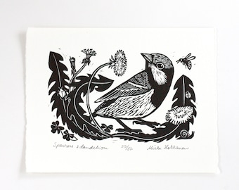 Sparrow and Dandelion Lino Cut - Original Linoleum Print - Bird Print - Botanical Print - Bird Linocut - Bird Wall art