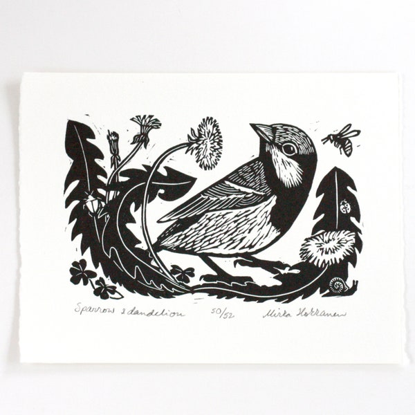 Sparrow and Dandelion Lino Cut - Original Linoleum Print - Bird Print - Botanical Print - Bird Linocut - Bird Wall art
