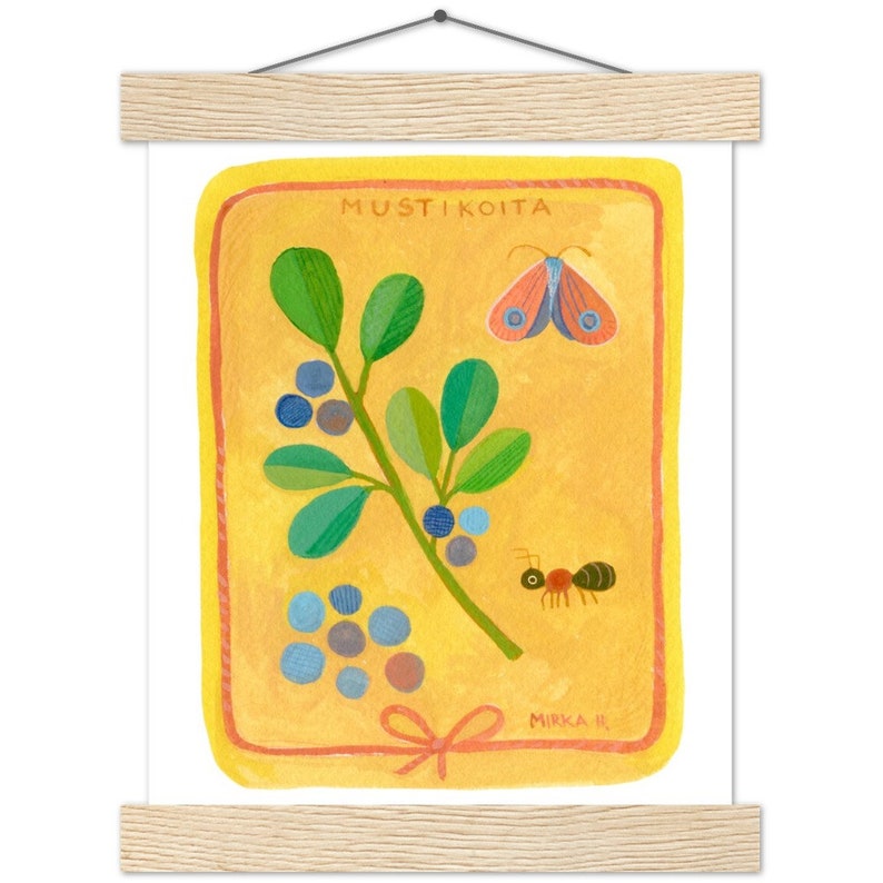 Bilberry and Moth Gouache Painting Print & Hanger 20x25 cm / 8x10″