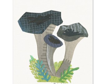 Black Mushroom Trumpet Collage Print