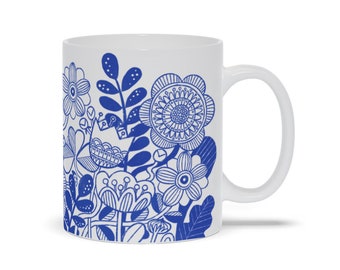 Blue Flower Mug, Nordic Design Mug, Retro Flowers Cup