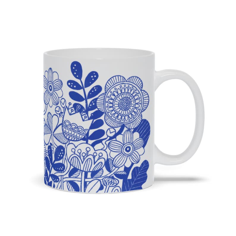 Blue Flower Mug, Nordic Design Mug, Retro Flowers Cup image 1