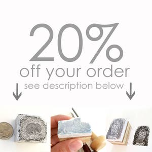 May include: 20% off your order, see description below. Three wooden mounted rubber stamps with different designs.