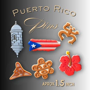 May include: A collection of Puerto Rico pins, including a fort, the Puerto Rican flag, a Taino symbol, a flower, and other designs. The pins are approximately 1.5 inches in size. The word "Puerto Rico" and "Pins" are written in gold.