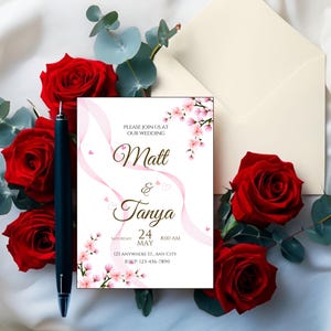 Plantilla de invitación de boda con flores de cerezo: elegante invitación floral primaveral, editable e imprimible, descarga instantánea.