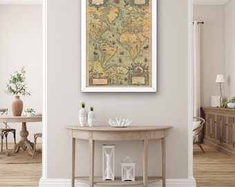 Arte mural con mapa del mundo vintage, decoración de viaje de estilo antiguo, impresión en lienzo de Atlas mundial retro, póster de mapa antiguo para oficina o sala de estar.