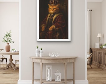 Arte de parede com retrato de gato real, impressão em tela de animal engraçado rei, arte de animal de estimação excêntrico vestido de monarca, arte de parede de paródia, decoração de parede vintage