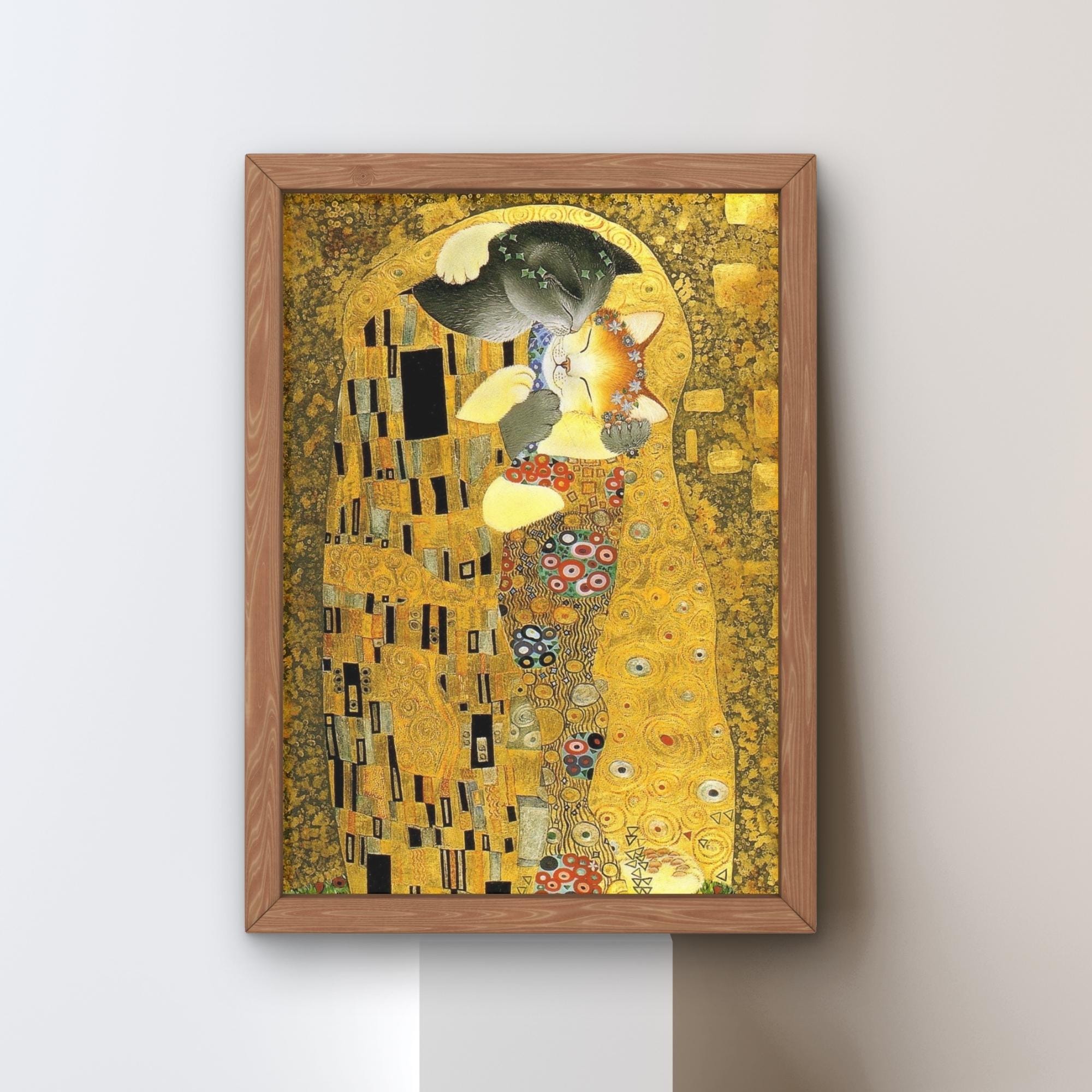 グスタフ・クリムト作「接吻」の猫パロディキャンバスウォールアート