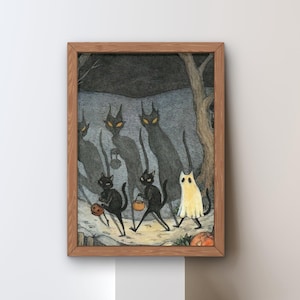 Black Cats and Ghost Halloween Art Print – Spooky Cute Forest Scene – Vintage Halloween Wall Decor, Cute Halloween Decor,  Gothic Decor