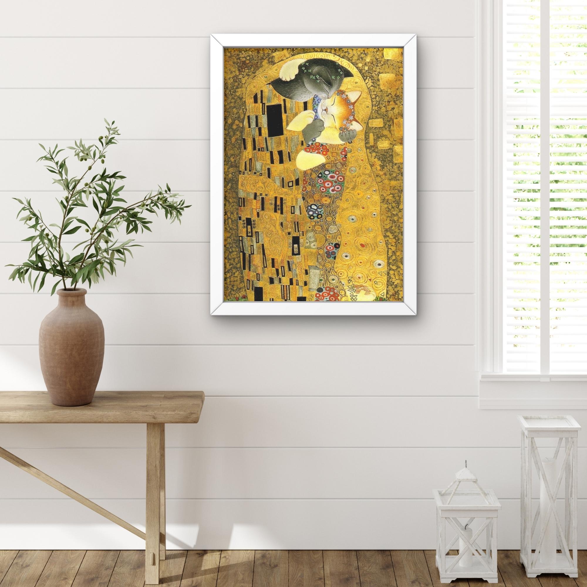 グスタフ・クリムト作「接吻」の猫パロディキャンバスウォールアート