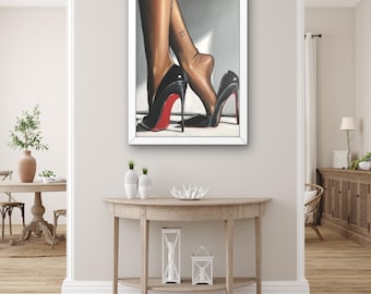 High Heels Wall Art – Glamorous Black Stilettos with Red Soles – Fashion Illustration Canvas for Chic Home Decor, Feminine Wall Decor