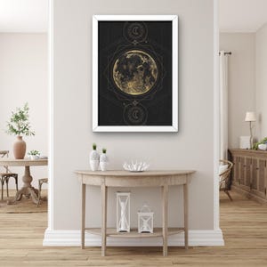 Golden Moon Geometric Mystic Canvas Wall Art, Dark Celestial Poster Print, Spiritual Boho Cosmic Decor with Lunar Design, Cosmic Gold Canvas
