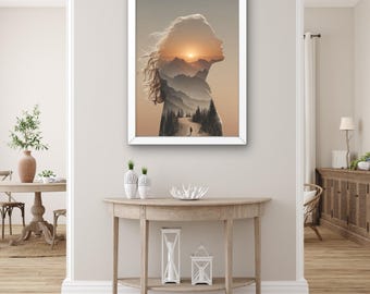 Sunset Mountain Woman Double Exposure Canvas Art