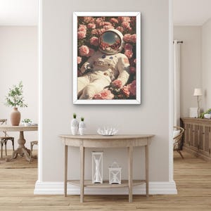Astronaut in Pink Flowers Canvas Wall Art, Surreal Space Poster Print, Cosmic Nature Aesthetic Decor for Bedroom or Living Room, Canvas Art