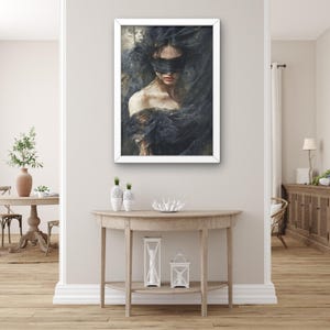 Dunkle Gothic Frau Wandkunst | Mysteriöses weibliches Porträt mit verbundenen Augen, surreale Fantasy-Kunst für Schlafzimmer- und Wohnzimmerdekor, künstlerische Kunst