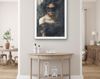 Arte murale raffigurante una donna gotica oscura / Ritratto di una donna misteriosa e bendata, opera d'arte fantasy surreale per l'arredamento della camera da letto e del soggiorno, arte artistica