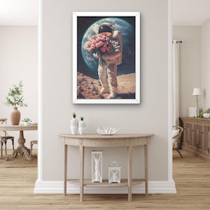Astronaut Holding Roses on the Moon Canvas Wall Art, Romantic Space Poster Print, Surreal Cosmic Love Decor Painting, Astronaut Wall Art