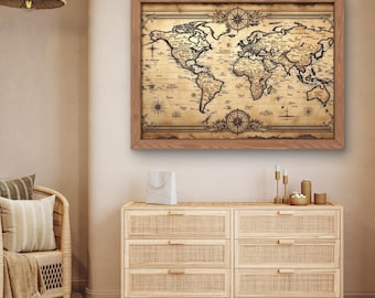 Mapa del mundo vintage para pared – Lienzo de estilo náutico antiguo – Póster de viaje al Viejo Mundo – Decoración rústica de explorador para oficina o estudio