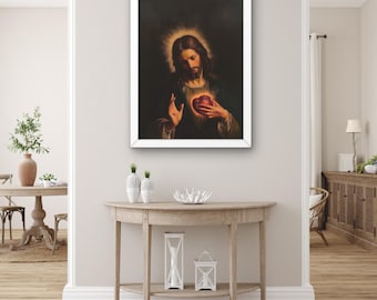 Arte de parede cristã do Sagrado Coração de Jesus, impressão de arte católica, arte cristã moderna, arte de parede devocional, decoração religiosa para casa, baseada na fé
