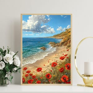 Arte mural con paisaje colorido de montaña y mar, impresión floral de ladera, póster con vista panorámica brillante, decoración de cielo tranquilo y océano.