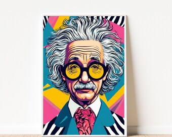 Ritratto di Albert Einstein colorato, stampa pop art moderna, poster di un genio ispiratore, tela di uno scienziato astratto