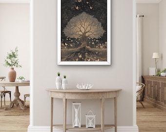 Árbol de la Vida dorado brillante, lienzo oscuro, póster de naturaleza fantástica, decoración de bosque iluminado con mariposas, arte para sala de estar