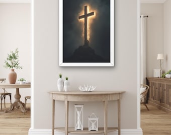 Glowing Cross Wall Art, Christian Religious Canvas Print, Sacred Spiritual Light Artwork for Home, Inspirational Cross, Holly Wall Decor