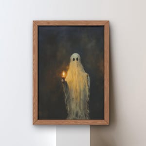 Ghost Holding Candle Canvas Wall Art – Spooky Halloween Decor – Creepy Haunted Spirit Painting – Gothic Dark Fantasy Artwork, Halloween Art