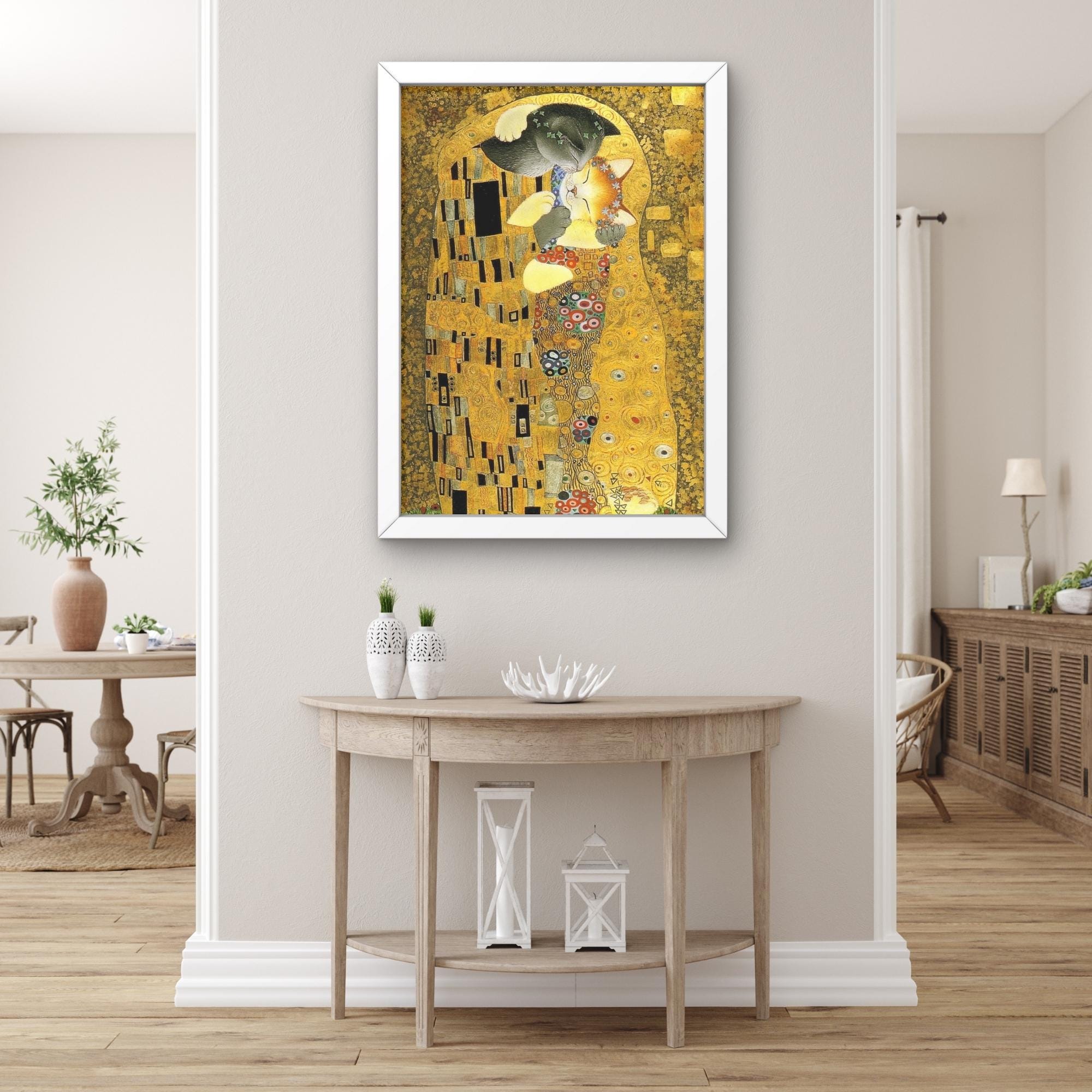 グスタフ・クリムト作「接吻」の猫パロディキャンバスウォールアート