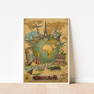 oeuvre d'art murale vintage monuments du monde, affiche de fond de carte crème, impression inspirée du voyage, oeuvre d'art de l'architecture mondiale, décoration d'intérieur Wanderlust