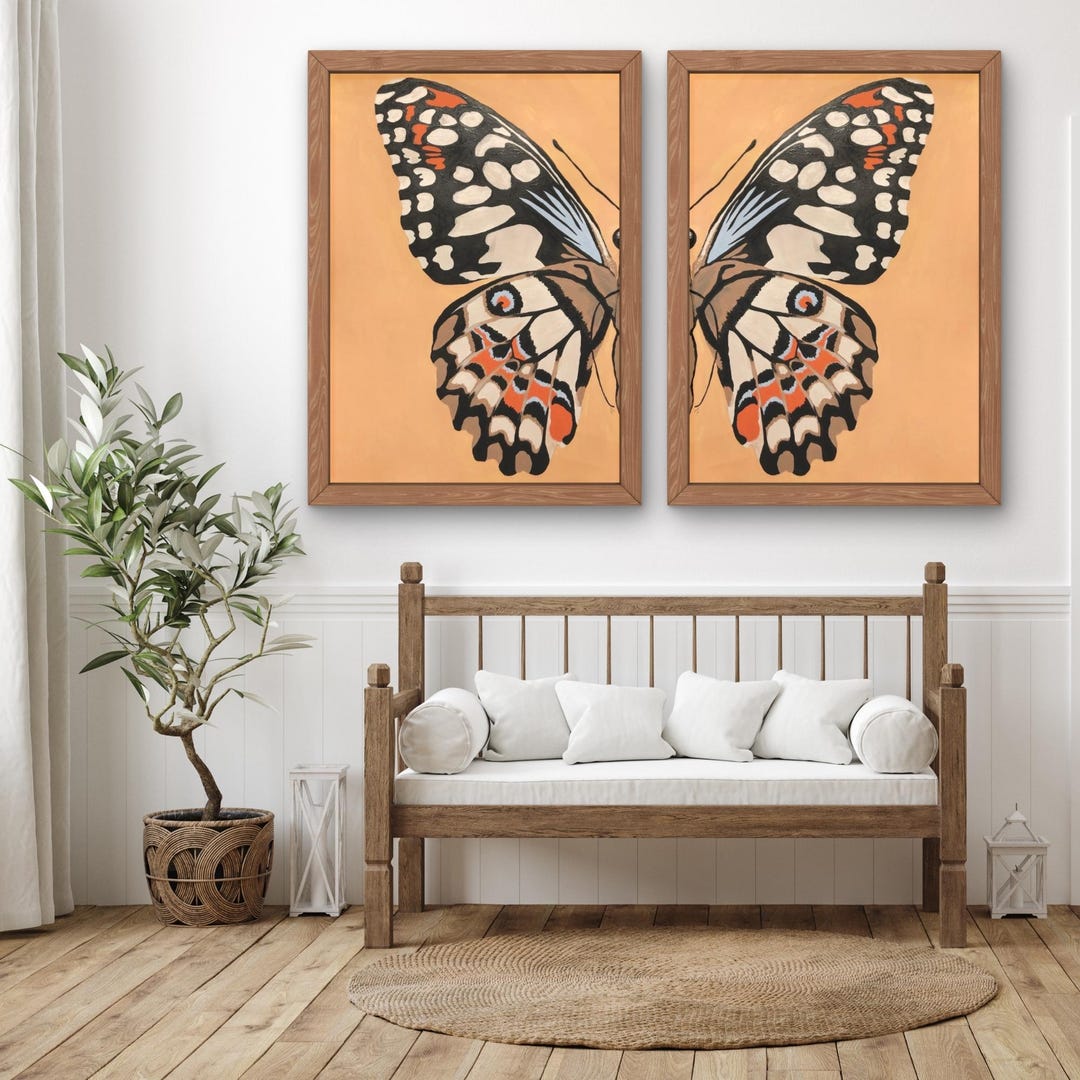 Butterfly Wall Art Set | 2 Piece Orange and Black Insect Artwork ...