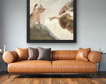 Lienzo decorativo con una divertida parodia de la creación de Miguel Ángel, póster de meme renacentista, decoración humorística clásica para mascotas, pintura clásica.